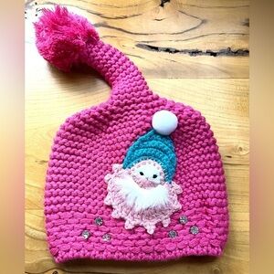 Handmade Pink Santa Long Pom Beanie Hat Rhinestone Accents OOAK